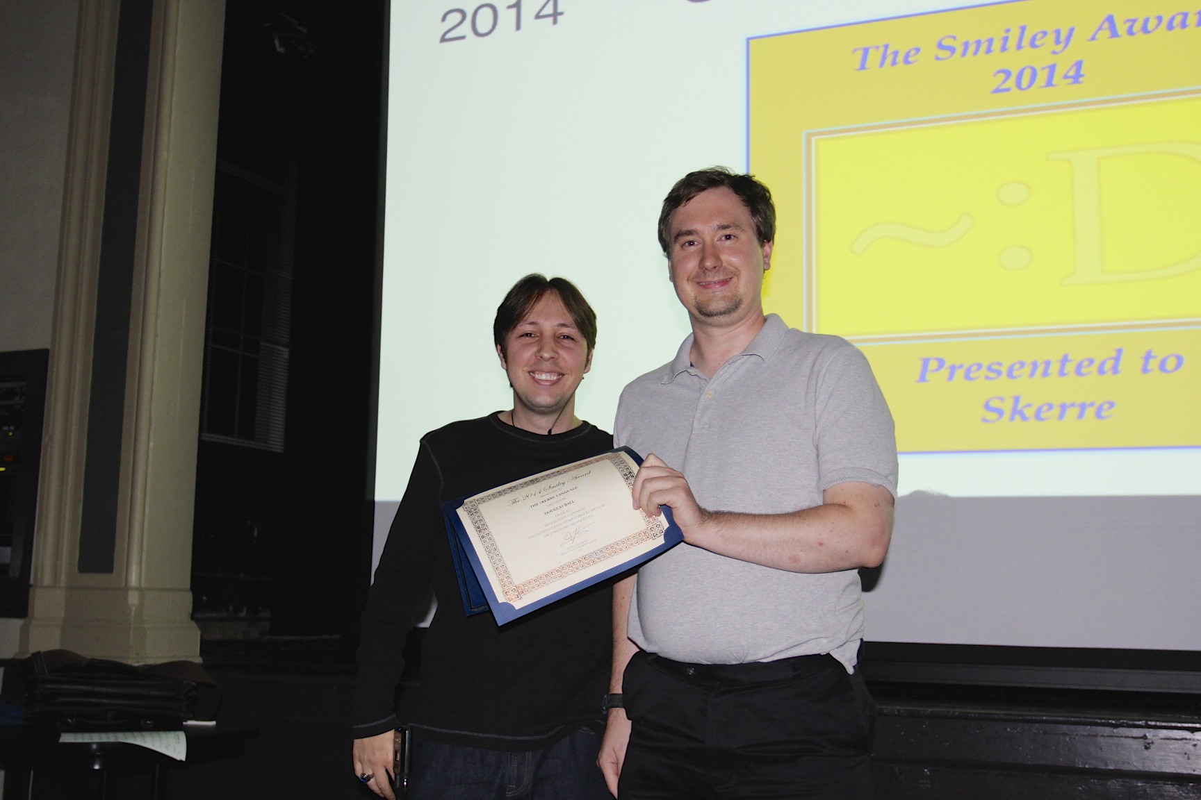 A picture of me and Doug as I presented him with the 2014 Smiley Award.